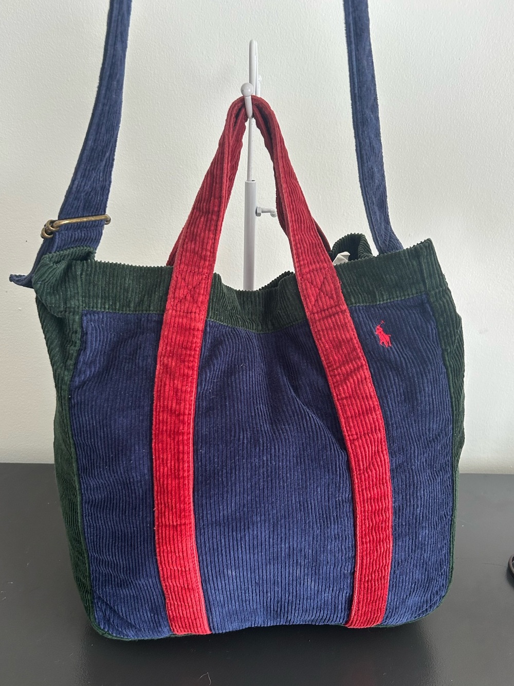 Polo Ralph Lauren Colorblock Corduroy Tote Crossbody bookbag Navy Green Red Tote - Picture 3 of 11